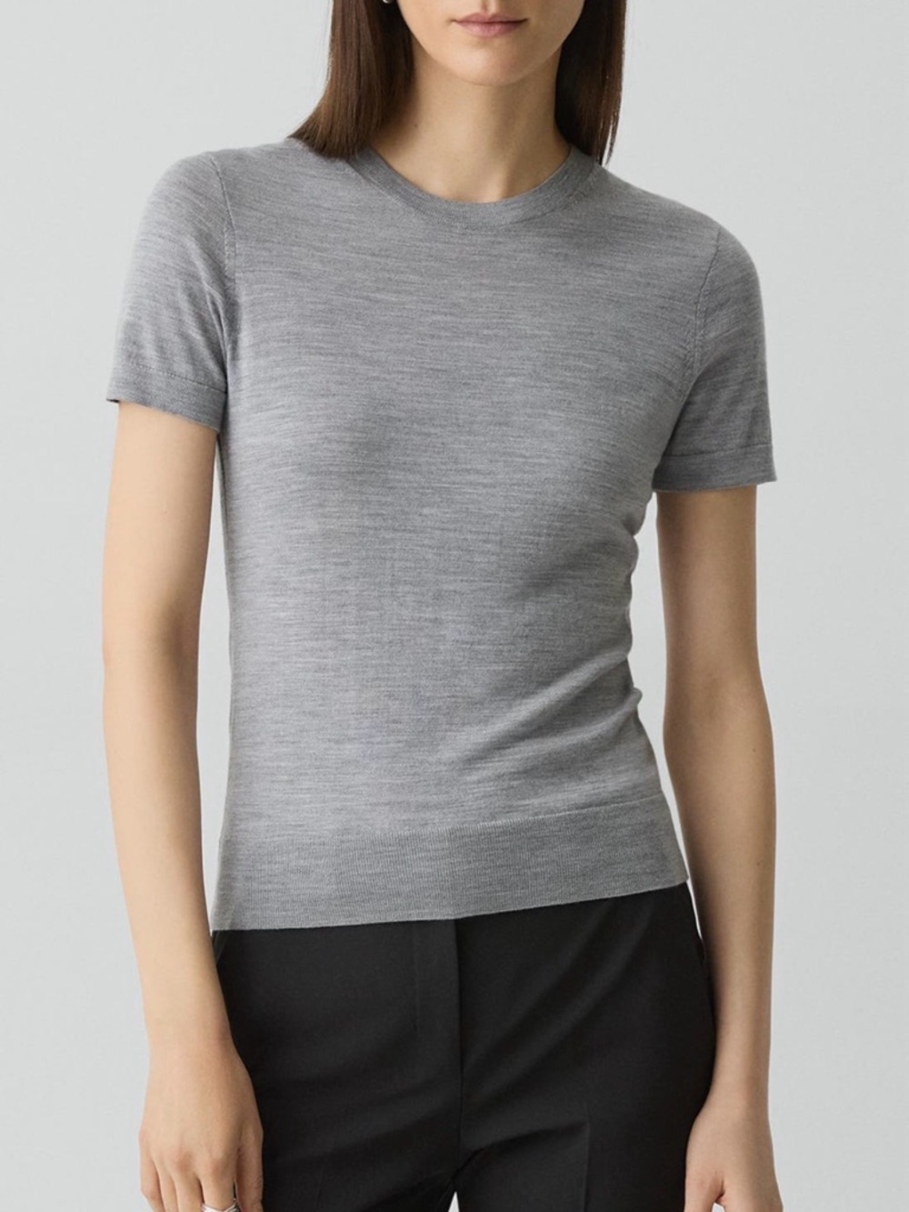 Theory Gray Crew Neck Short Wool Sleeve Sweater L